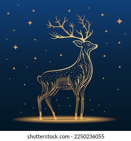 Colorful glowing golden fantasy deer on dark starry background. Vector color illustration.