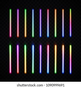 Colorful glowing gradient lines or borders collection isolated on transparent background. Halogen or led light lamp pack for night party or game design. Neon brushes set. Color vector illustration.