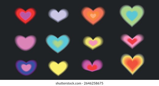Corações coloridos brilhantes sobre um fundo escuro. Cada coração irradia um brilho suave. Corações brilhantes, vibrantes e luminosos criam uma vibração alegre e romântica. Vetor de conjunto de elementos brilhante bonito.