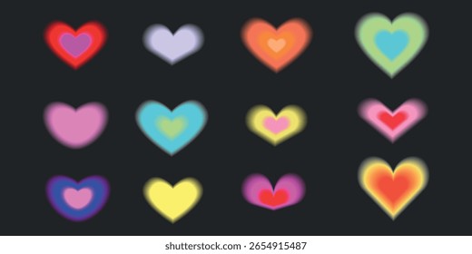 Corações coloridos brilhantes sobre um fundo escuro. Cada coração irradia um brilho suave. Corações brilhantes, vibrantes e luminosos criam uma vibração alegre e romântica. Vetor de conjunto de elementos brilhante bonito.