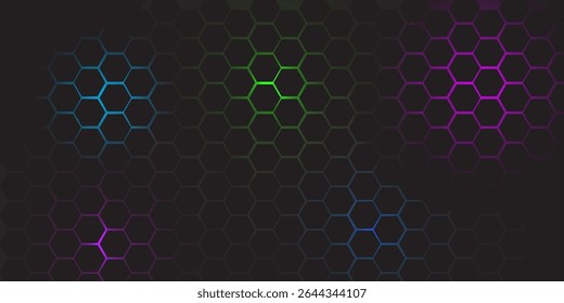 Padrão de hexágono brilhante colorido no fundo escuro, design digital futurista com luzes azuis, verdes e roxas.