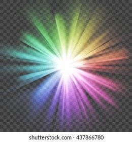 Colorful glowing light. Bright shining star. Bursting explosion. Transparent background. Rays of light. Glaring effect with transparency. Abstract glowing light background. Vector illustration.