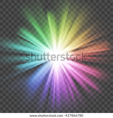 Colorful glowing light. Bright shining star. Bursting explosion. Transparent background. Rays of light. Glaring effect with transparency. Abstract glowing light background. Vector illustration. 商業照片 © 