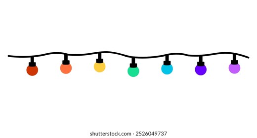 Borde de cadena de bombilla brillante de colores. Celebración de Festiva, conceptos de festival. Ilustración aislada de diseño de Vector decorativo plano.