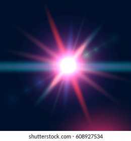 Colorful glowing light burst explosion on dark blue background. Vector illustration of bright star with flare and glare texture.