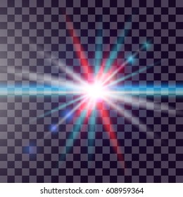 Colorful glowing light burst explosion on transparent background. Vector illustration of bright star with flare and glare texture.