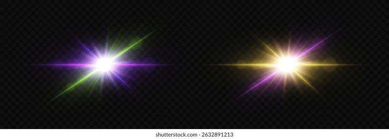 Bunte leuchtende Lichtsterneffekte mit Linsenfackeln auf transparentem Hintergrund