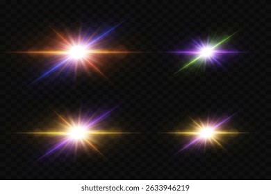 Colorful glowing light star effects with lens flares on transparent background