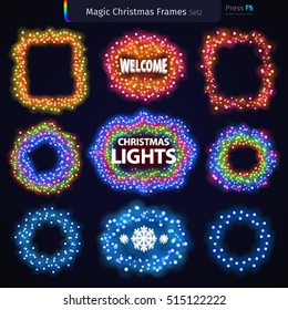 Colorful glowing magic Christmas frames for celebratory design Set2. Used vector garlands brushes included.