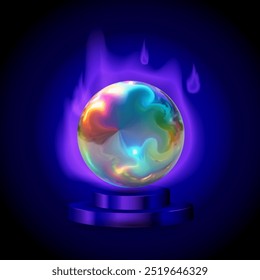 Colorido brilhante orbe mágica .bola mágica com aura brilhante para cartomante ou bruxaria. Esfera de cristal e orbe de energia com brilho em ilustração vetor de pódio realista. Fantasia globos brilhantes