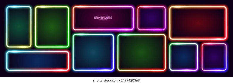 Colorful glowing neon banners, illuminated square frames. Shiny vibrant border, glow effect. Purple vintage retro lights, night illumination. Modern futuristic UI design elements. Vector illustration