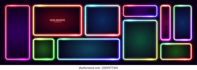 Colorful glowing neon banners, illuminated square frames. Shiny vibrant border, glow effect. Purple vintage retro lights, night illumination. Modern futuristic UI design elements. Vector illustration