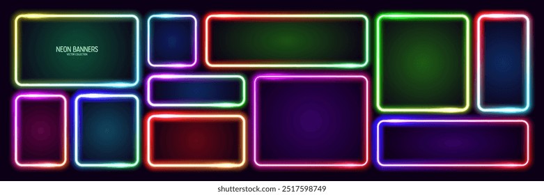Colorful glowing neon banners, illuminated square frames. Shiny vibrant border, glow effect. Purple vintage retro lights, night illumination. Modern futuristic UI design elements. Vector illustration