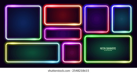 Colorful glowing neon banners, illuminated square frames. Shiny vibrant border, glow effect. Purple vintage retro lights, night illumination. Modern futuristic UI design elements. Vector illustration