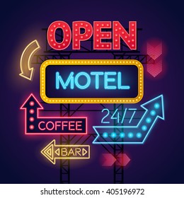  Colorful glowing neon light signs for motel and cafe set on dark blue background vector illustration 