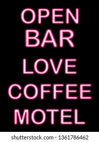 Colorful glowing neon lights graphic designs for cafe and bar signs on black background.