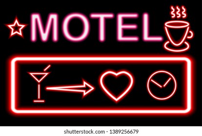 Colorful glowing neon lights graphic designs for cafe and bar signs on black background.