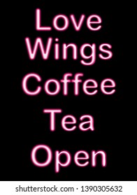 Colorful glowing neon lights graphic designs for cafe and bar signs on black background.