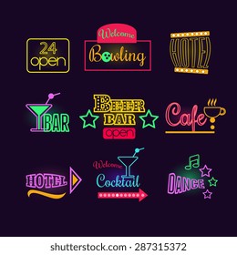 Colorful Glowing Neon Lights Graphic Designs for Cafe and Motel Signs on Black Background