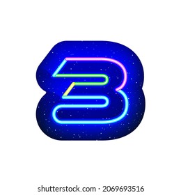 Colorful glowing neon number 3 in space. Realistic technological neon numbers. The 3 night show among the stars. Vector colorful striped number type. It has mask area on White Background.