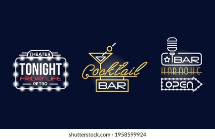 Colorful Glowing Neon Signboards and Retro Street Banners Vector Set