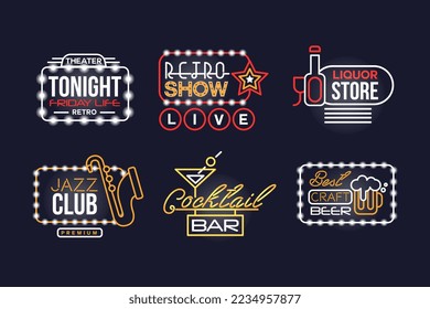 Colorful Glowing Neon Signboards and Retro Street Banners Vector Set