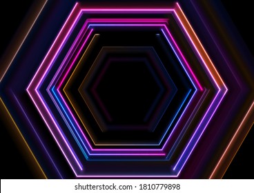 Colorful glowing neon tech hexagons abstract background. Vector design