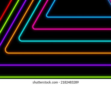 Colorful glowing neon triangles abstract tech background. Geometric vector design