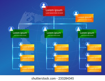 Colorful Glowing Organizational Chart Infographic, Template, Business Structure Concept, Business Flowchart Work Process, Blue Abstract Design, Vector Illustration.