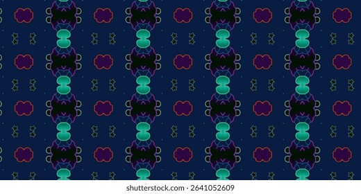 Colorful glowing shapes in a mirrored digital design on deep blue. Seamless and modern—great for art, tech, and decor.