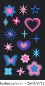 Colorful glowing shapes on a dark background, featuring stars, hearts, and flowers in pink and blue hues, creating a vibrant and lively design. Cute glowing element set vector.