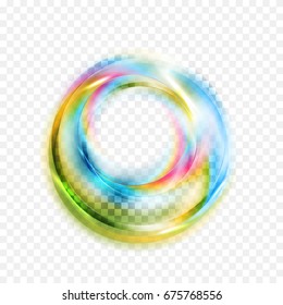 Colorful glowing shiny abstract circles on checkered transparent background. Vector bright rings logo design