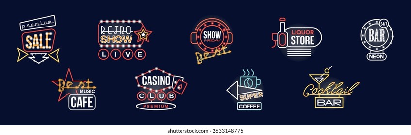 Colorful Glowing Signboard and Retro Neon Street Sign Vector Set
