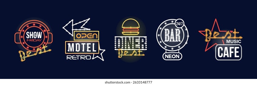 Colorful Glowing Signboard and Retro Neon Street Sign Vector Set