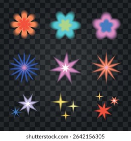 Colorful glowing star and flower shapes on a transparent background. Bright, vibrant stars and flowers in various colors, creating a glowing, radiant effect. Cute glowing element set vector.