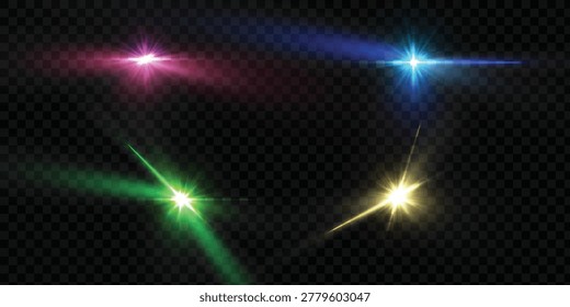 Colorful glowing starbursts with bright rays, prismatic shine, and sparkling highlights. A vector light effect for magical overlays, festive designs, and light accents.