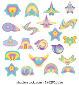 Colorful glowing stickers of marine animals - fish, jellyfish and others. Isolated objects on a white background. Vector clipart.