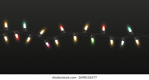 Bunte, leuchtende Streichelleuchten auf dunklem, transparentem Hintergrund, ideal für festliche, weihnachtliche, festliche und feierliche Gestaltungselemente.