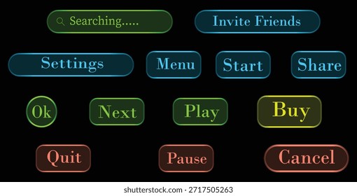 Botones de interfaz de usuario brillantes coloridos para el juego y el control de la aplicación
