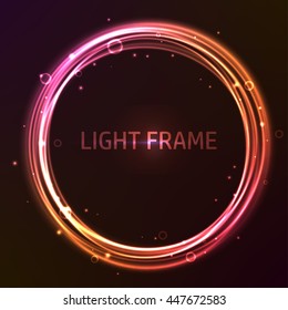 Colorful glowing vector frame. Pink and orange shining circles. Brilliant particles and bokeh effect.