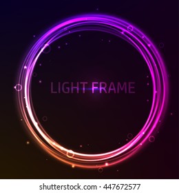 Colorful glowing vector frame. Purple, pink and orange shining circles. Brilliant particles and bokeh effect.