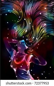 Colorful glowing woman with long hair