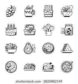 A colorful glyph icon set featuring fruits, desserts, herbs, picnic food, sandwiches, tacos, salads, chicken dishes, and healthy breakfast meals for food-related designs. 