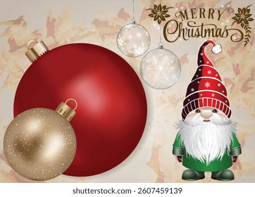Colorful gnome positioned beside a Christmas tree decorations.