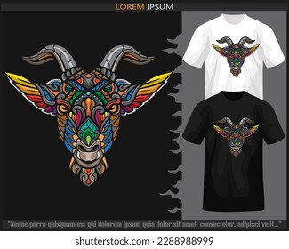 Colorful goat head mandala arts isolated on black and white t shirt.