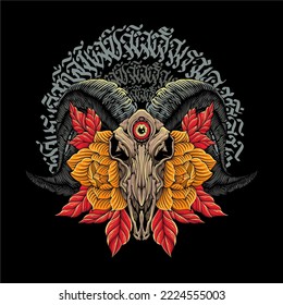 Colorful Goat skull with flowers and leaves around with satanic logo for t shirt design