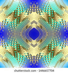 Colorful gold dotted vector seamless pattern. Halftone glowing abstract background. Bright repeat ornate backdrop. Geometric modern half tone textured ornaments with dots, lines, shapes. Luxury design