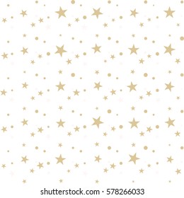 Colorful gold messy stars, little dots on white, festive seamless pattern with different shapes. Abstract confetti chaotic geometric. Geometrical background. Vector illustration.