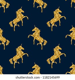 Colorful gold Unicorn on blue. Magical animal Pattern