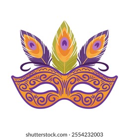 A colorful gold Venetian carnival mask adorned with colorful peacock feathers will brighten up your Mardi Gras celebration. Vector illustration in flat style for sticker, postcard, design element